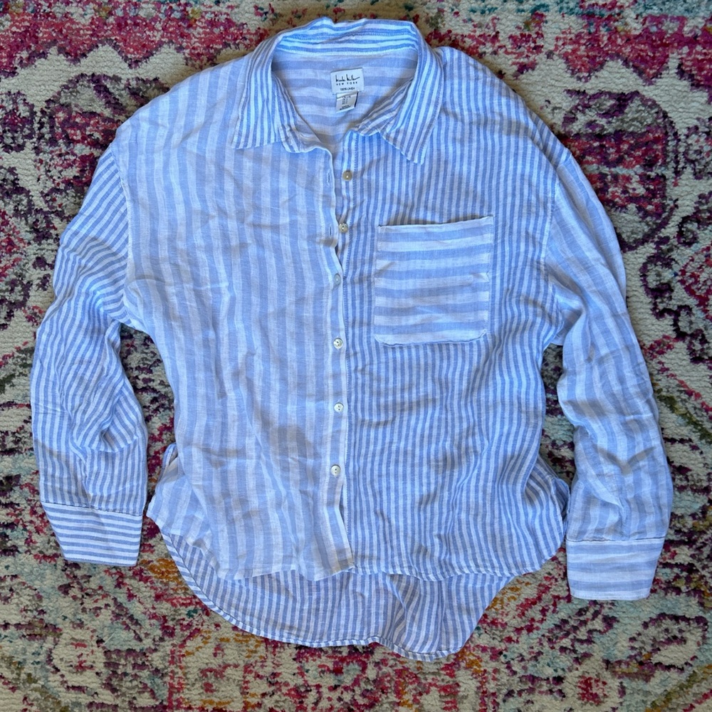 Nichole Miller 100% Linen Striped Button Up Shirt